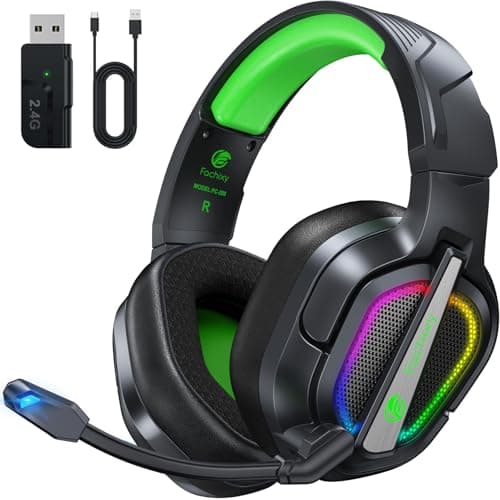 Fachixy「2025 Nuevo」FC200 Cascos Gaming Inalámbricos para PC, PS5, PS4, Auriculares Gaming Inalámbricos de 2,4GHz Wireless+Bluetooth - Baja Latencia, Duración 40Hr+, Luces RGB (Verde-Negro)