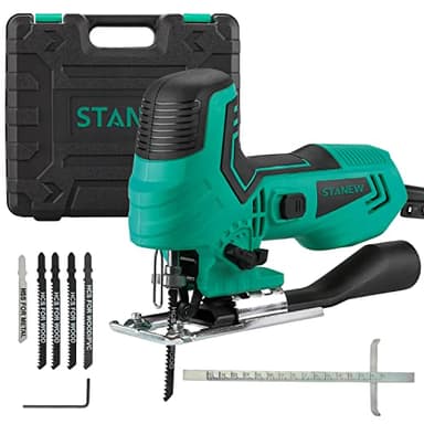 STANEW Sierra de calar 650 W，5 Cuchillas，3000cpm，6 velocidades ajustables, 4 Modos de Corte, ángulo de corte 45º，profundidad: madera/aluminio/metal: 65/6/6 mm