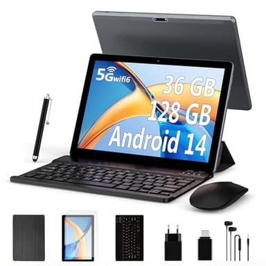 FLYCOAY Tablet 10 Pulgadas Android 14 Otto-Core 2.0GHz, 5G WiFi 6, 36GB RAM + 128GB ROM (TF 1TB), batería de 8000mAh, OTG/Bluetooth 5.0, Tablet con Teclado, ratón (Gris)
