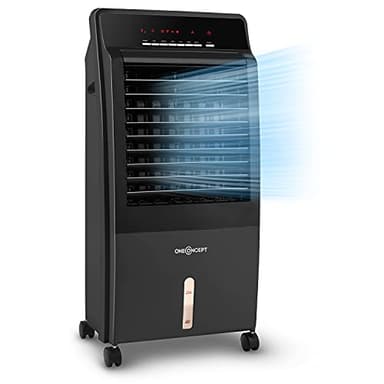 OneConcept Aire Acondicionado 4 en 1, Climatizador de Aire 65 W con Ventilador, Humidificador, Purificador e Ionizador, 2x Packs de Hielo, Tanque de Agua 8L y con Mando a Distancia