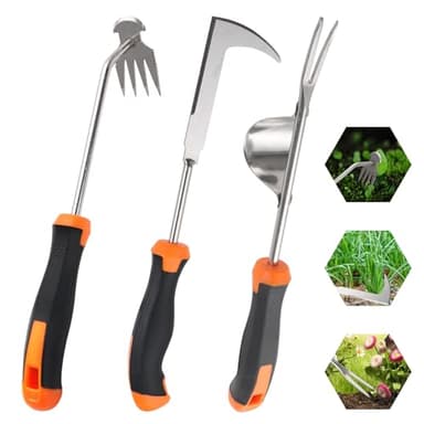 Foyucool 3 Piezas Extractor Malas Hierbas con Mango de Goma, Desherbador Manual de Acero Inoxidable, Weeder de Mano de Jardín Azadillas, Fácil Almacenamiento, Plantar y Desherbar