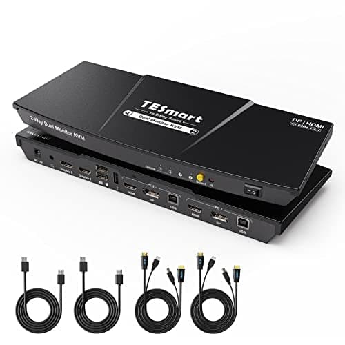 TESmart KVM Switch DisplayPort HDMI 2 Monitores, 2 Puertos DP+HDMI 2 PC 2 Monitor Switch con Cable, EDID, 4K@60Hz, Stereo Audio, Hotkey Button Switcher, USB 2.0, KVM Switch Dual Monitor para Trabajo