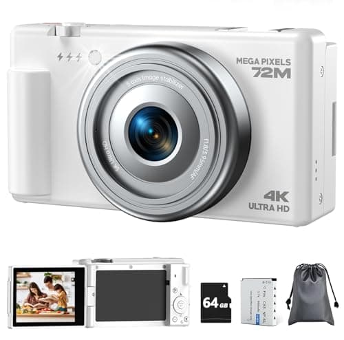Cámara Digital 4K, Vlog Cámara de Fotos Antivibración con Enfoque Automático de 72MP 18X Zoom, Pantalla Flip de 270° Camara Digital Compacta con Batería Tarjeta de 64GB para Fotografica Principiantes