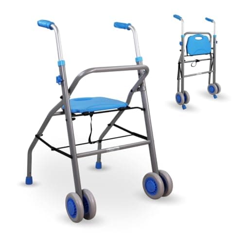 Mobiclinic®, Andador Plegable, Ultraligero, Regulable en altura, Marca española, Aluminio, Future, Hasta 136 kg, Adultos, Asiento, Respaldo y ruedas, Diseño elegante, Color celeste