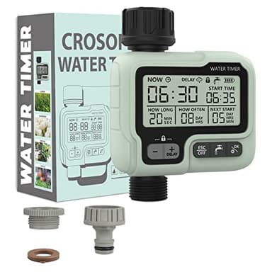 CROSOFMI Programador Riego Automatico Jardin Temporizador de Aspersión por Goteo IPX5 Resistente al Agua/Retraso por Lluvia/Modo Manual/Bloqueo para Niños