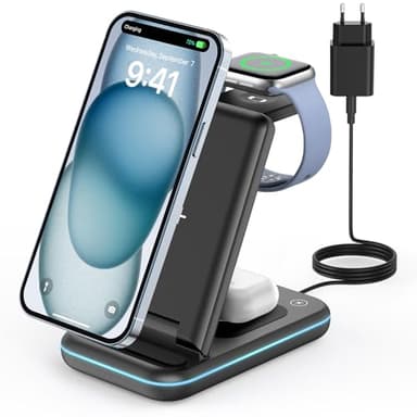 JoyGeek Cargador Inalámbrica, Plegable 3 en 1 Base Cargador para i Phone 16/15/14/13/12/Plus/Pro MAX, Estación de Carga para Apple Watch Ultra-2, Rapida Wireless Charger para AirPods 4/Pro/3/2-Negro