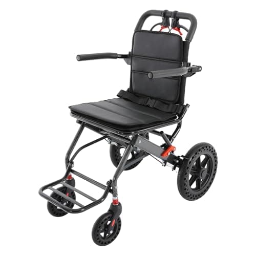 Silla de ruedas plegable de viaje, silla de ruedas de tránsito con reposapiés y reposabrazos giratorios de 270°, ligera, de aluminio, para adultos mayores, hasta 100 kg