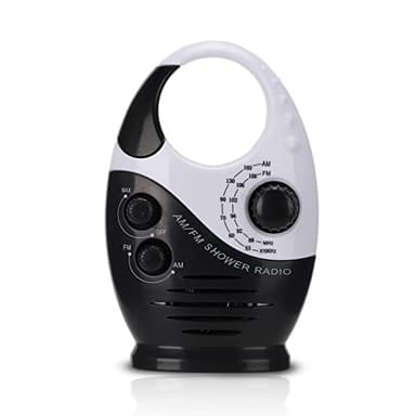 Yunseity Radio de Ducha a Prueba de Agua, Radio Am FM Portátil de Doble Banda con Diseño de Gancho, Altavoz Incorporado de Radio con Batería, para Baño Cocina Uso Al Aire Libre (Negro)