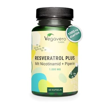 Trans Resveratrol Natural 1000 mg | Con Vitamina B3 y Piperina | Sin Aditivos | Antienvejecimiento, Antioxidante y Antiedad | Vegano | Vegavero®