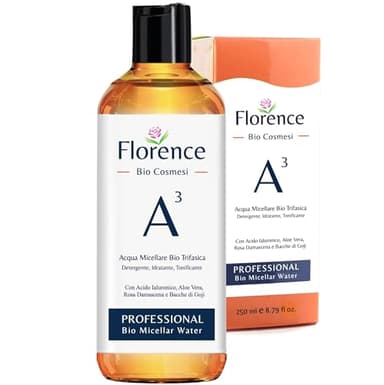 250 ml Agua Micelar Bio Florence A3 Trifásica Desmaquillante Limpiadora, Hidratante y Tonificante Con Ácido Hialurónico, Agua de Rosa Damascena, Aloe Vera, Aceite de Oliva, Extracto de Bayas de Goji.