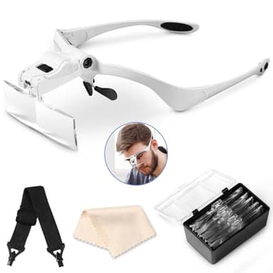 Vinabo Lupa con Diadema con Luz LED, Lupa de Cabeza con 5 Lentes Desmontables (1.0X 1.5X 2.0X 2.5X 3.5X), para Todos los Trabajos de Precisión, Lectura, Joyería, Bordado, Costura, Joyería