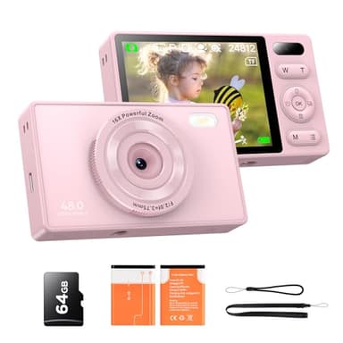 64GB Cámara Digital Camara Fotos: 48MP Auto Focus Cámara Compacta con Zoom 16X Cámara Compacta Recargable Compacta Portátil Cámara para Niños Principiantes