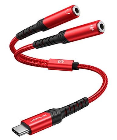 JSAUX Adaptador USB C a Jack 3.5mm, Adaptador Auriculares Tipo C Micrófono Splitter Hembra Compatible con iPhone 16/15 Pro MAX, Huawei P40, MacBook, iPad Air, Galaxy S25 S24 S23 S22, Pixel-Rojo