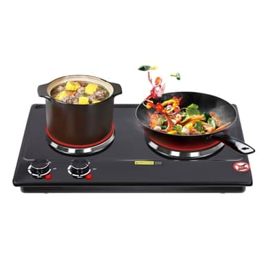 Vitroceramica Portatil 2500W Placa de Cocina Doble Portátil Botón Control Hornillo Electrico con 2 Fuegos Potencia Calentamiento Ajustable para Sartenes, Ollas Acero Inoxidable, Ollas Cerámica