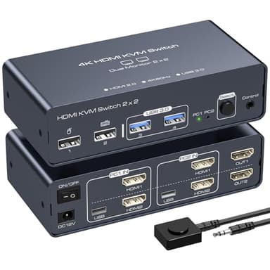 VEDINDUST KVM Switch Dual Monitor 4K60HZ Conmutadores para 2 ordenadores compartiendo 2 monitores y 4 dispositivos USB C