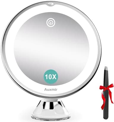 Auxmir Espejo Maquillaje con Luz LED, Aumento 10X con Ventosa Fuerte, Brillo Regulable, Giratorio 360°, Portátil para Pared, Baño, Viaje, Depilación y Cejas, Blanco, Redondo