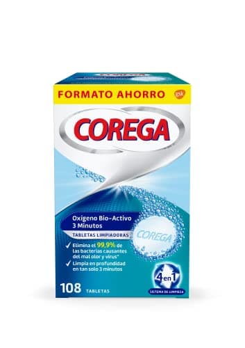 Corega Oxígeno Bio-Activo, Tabletas Limpiadoras Para Prótesis Dentales, Eliminación de Olores y Bacterias, Mantenimiento y Cuidado Bucal Avanzado, Limpieza en 3 Minutos, Pack 108 Tabletas