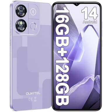 OUKITEL C57 Pro Telefono Movil 2025, Smartphone Android 14, 6,52" HD Telefonos Moviles Libres, 16GB(4+12) RAM + 128GB ROM/TF 1TB Móvil, Batería 4300mAh, 13MP/4G Dual SIM/Face ID/Fingerprint - Morado