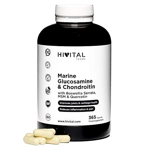 Glucosamina con Condroitina. 365 cápsulas para 4 meses de tratamiento. Con 1500 mg de Glucosamina Marina 2KCL, Condroitina Marina, MSM, Boswellia Serrata y Quercetina. Fabricado en España por HIVITAL