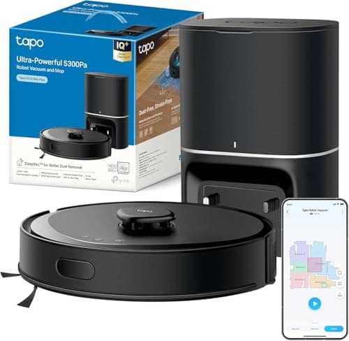 Tapo RV30 MAX Plus Robot Aspiradora, potencia de succión ultra de 5300 Pa con fregado, base de vaciado automático de 3 l, navegación LiDAR+IMU avanzada, control por voz y aplicación