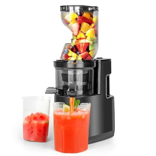 Extractor de Zumos y Verduras, Rawhui Slow Juicer Exprimidor Eléctrico sin BPA, Exprimidor Lento de 500 W con Doble Tubo de Alimentación, Capacidad de 1,2 L, 2 Vasos, Negro