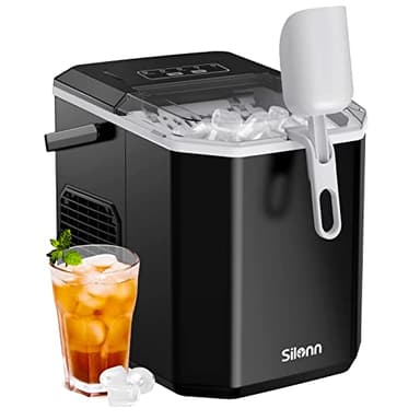Silonn Máquina de Hielo Pequeña con Asa de Transporte, Máquina de Hacer Hielo Autolimpiable con Cesta y Pala, 9 Cubos en 6 Minutos, 12 kg por Día, Ideal para Casa, Cocina, Camping y RV