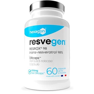 Resveratrol - Trans-Resveratrol 98% Certificado RESROX® - DRcaps™ Liberación Retardada - Alta Disponibilidad - Antioxidante y Antienvejecimiento - Fabricado en Francia - 60 Cápsulas - Vegano - Hexagon