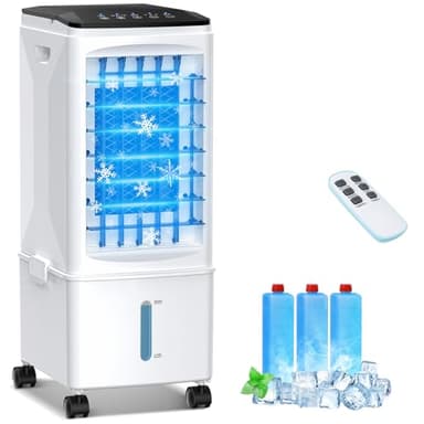 Aire Acondicionado Portátil, 3 en 1 Enfriador de Aire Evaporativo, Humidificador, Ventilador, 3 Velocidades, 9.5 L Tanque de Agua Grande, Remoto, 3 Cajas de Helado, 1-7H Temporizador