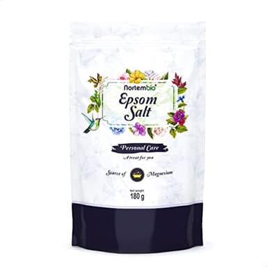 Nortembio Sal de Epsom 180 g. Fuente Concentrada de Magnesio Natural. Sal de Baño 100% Pura, sin Aditivos. Relajación Muscular y Buen Sueño. E-Book Incluido.