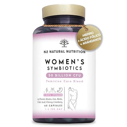 Probioticos Mujer Integral. 50 Mil Millones UFC y 17 Cepas. Salud Intestinal, Flora Intima, Urinaria, Inmunitaria. Hierro, Arándanos, Acido Fólico, Prebióticos. 60 días N2 Natural Nutrition