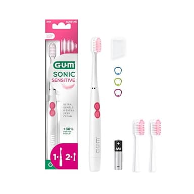 GUM Sonic Sensitive - Cepillo de dientes eléctrico con pilas | Altamente portátil | Proporciona una limpieza ultra suave y profunda | X1 cepillo, X2 cabezales de repuesto, X1 batería AAA