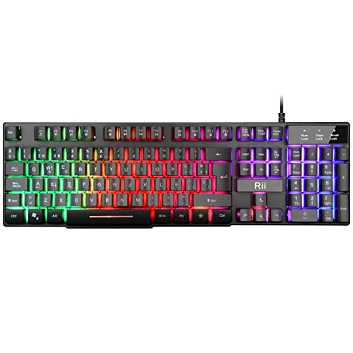 Rii RK100 Plus Teclado retroiluminado Gaming，7 Colores Rainbow LED，Teclado para Juegos con Cable USB，Disposición QWERTY Español
