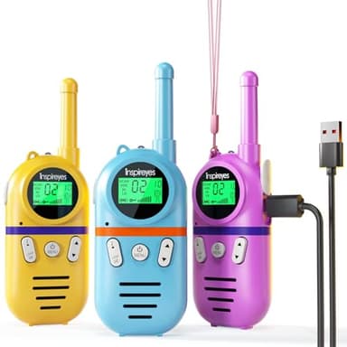 Inspireyes Walkie Talkie Niños Recargable, 48 Horas de Tiempo de Trabajo, 3 kilómetros de Largo Alcance, Regalos de Cumpleaños, Juguetes al Aire Libre para niños de 3 a 12 años, Paquete de 3