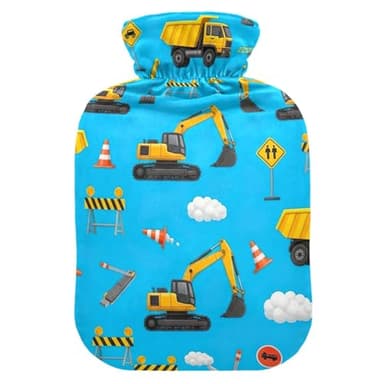 Botella de agua caliente amarilla para vehículos de construcción con funda de terciopelo, botellas de calor de agua caliente para calambres menstruales, alivio del dolor, tamaño mediano