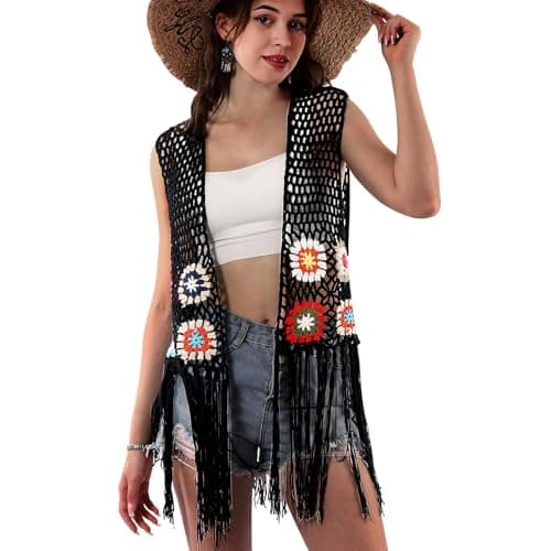 Chaleco largo de ganchillo floral para mujer, sin mangas, con flecos, estilo bohemio, retro, hecho a mano, Borlas Vblack, Talla única