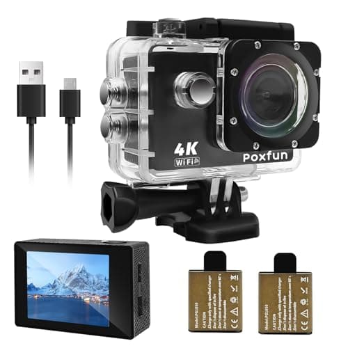 Poxfun 4K Camara Deportiva 30FPS WiFi Cámara Deportiva Gran Angular de 170 ° Impermeable 30M, 2 x 1050 mAh Batería USB Recargable, para Bicicleta/Surf/Salto/Esquí