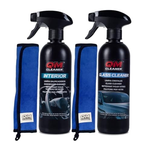 QM Cleaner Kit Limpieza Interior Vehiculo Limpia Salpicadero, Plastico, Cristales y Pantalla, efecto satinado | Incluye Limpia salpicaderos(500ml), Limpia Cristales/Pantallas(500ml) y 2 paños extra
