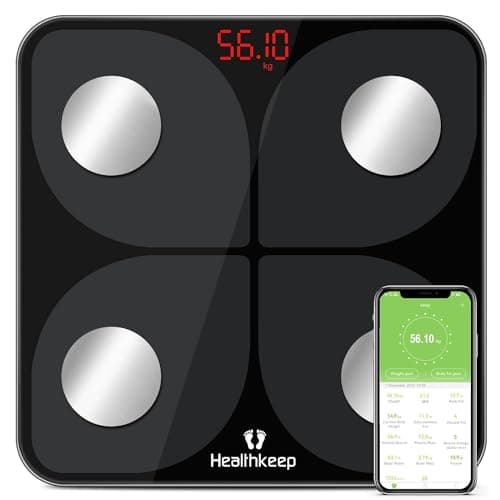 Báscula digital de grasa corporal con aplicación inteligente, báscula de análisis corporal Bluetooth para medir grasa corporal, IMC, masa muscular, proteínas, BMR, 28 cm x 28 cm