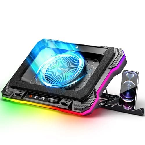 Base Refrigeradora Portatil Poderoso Fanático de Turbo RGB Gaming Notebook Cooler, MOOJAY Soporte del Ventilador de Laptop con 8 Alturas Ajustables y Soporte Teléfono per 14-19" Laptops - Azul Hielo