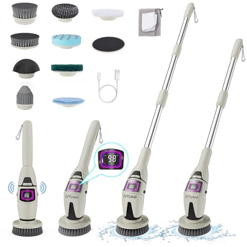 SYTUNG Cepillo Limpieza Hogar, Cepillo Limpieza Electrico con Iluminación Ambiental y Transmisión Voz, Cabezal Cepillo Giratorio, Ajuste 3 Velocidades, Mango Extensión Ajustable, Iluminación LED