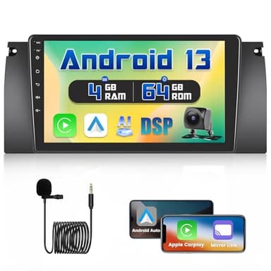 [4+64GB] Android 13 Radio Coche, para BMW E39 E53 M5 X5 1996-2007 Radio, CarPlay Android Auto Inalámbrico, Pantalla Táctil 9", GPS/WiFi/Mirror Link/Bluetooth/Hi-Fi+AHD Cámara Trasera