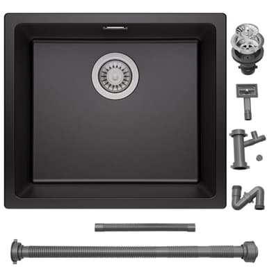 AuraLum pro Fregadero Cocina 1 Seno 50 x 44 cm, Fregadero Negro de Granito, Fregadero Bajo Encimera o Sobre Encimera, Fregadero al Mueble más de 50 cm