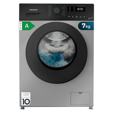 Cecotec Lavadora 7Kg Carga Frontal Bolero DressCode 7150 Inverter Steel A. Lavadora 7Kg con 1400 rpm, motor Inverter Plus, 12 programas, Steam Max y eficiencia Clase A, lavado eficiente y silencioso.