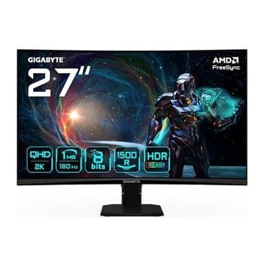 Gigabyte GS27QCA 27" Monitor Curvo para Gaming QHD - 2560 x 1440, 180Hz, 1ms, 250 CD/m², FreeSync, HDR Ready, HDMI 2.0, DisplayPort 1.4