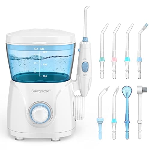 Sawgmore Irrigador Dental, Irrigador Bucal Profesional con 8 Boquillas Multifuncionales, 10 Ajustes de Presión del agua, Capacidad de 600ml, Limpieza Dientes, Aprobado por la FDA/CE Blanco