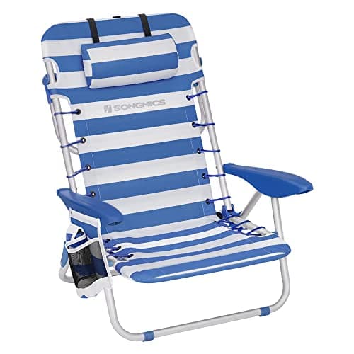 SONGMICS - Silla de Playa, Silla Plegable para Camping, con Correa, Respaldo Ajustable, reposacabezas, apoyabrazos, 2 Fundas Laterales, Azul y Blanco GCB62BU