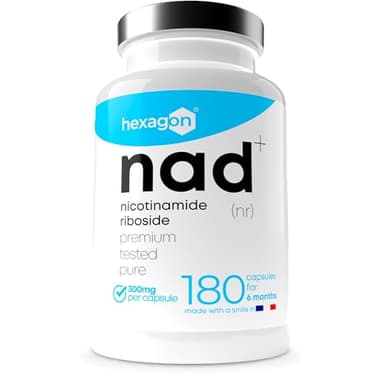NAD+ Nicotinamide Riboside Chloride 300mg - +6 Meses de Cura - Contra la Edad y la Fatiga, NAD Booster - Polvo Puro, 180 Cápsulas - Grado Farmacéutico - Vegano - Hexagon