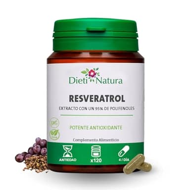 Dieti Natura Trans-Resveratrol 120 Cápsulas de Origen Vegetal - Resveratrol Antioxidante y Antiedad -Extraído de Uvas Rojas con Polifenoles Naturales - Complemento Antioxidante Rejuvenecedor