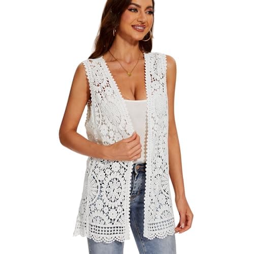 Cárdigan tipo kimono sin mangas con ribete de encaje floral de ganchillo para mujer, BLANCO-BB, Talla única