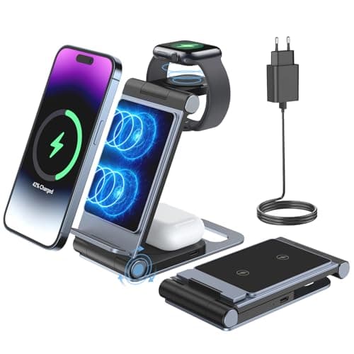 Cargador inalámbrico para iPhone,Plegable 3 en 1 Base Cargador para iPhone 16/15/14/13/12/Plus/Pro MAX, Estación de Carga para Apple Watch, Rapida Wireless Charger para AirPods Pro/3/2 Azul grisáceo